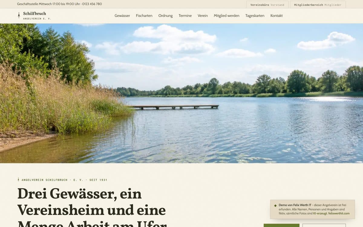 Startseite der Demo-Website für den Angelverein Schilfbruch