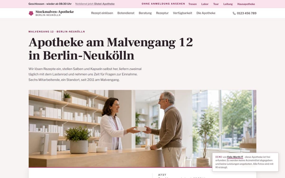 Startseite der Demo-Website für die Stockmalven-Apotheke
