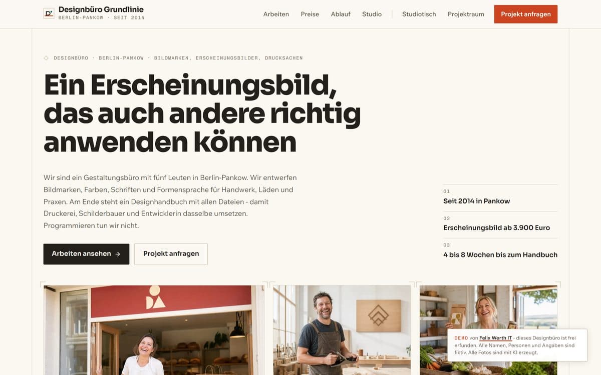 Startseite der Demo-Website für das Designbüro Grundlinie