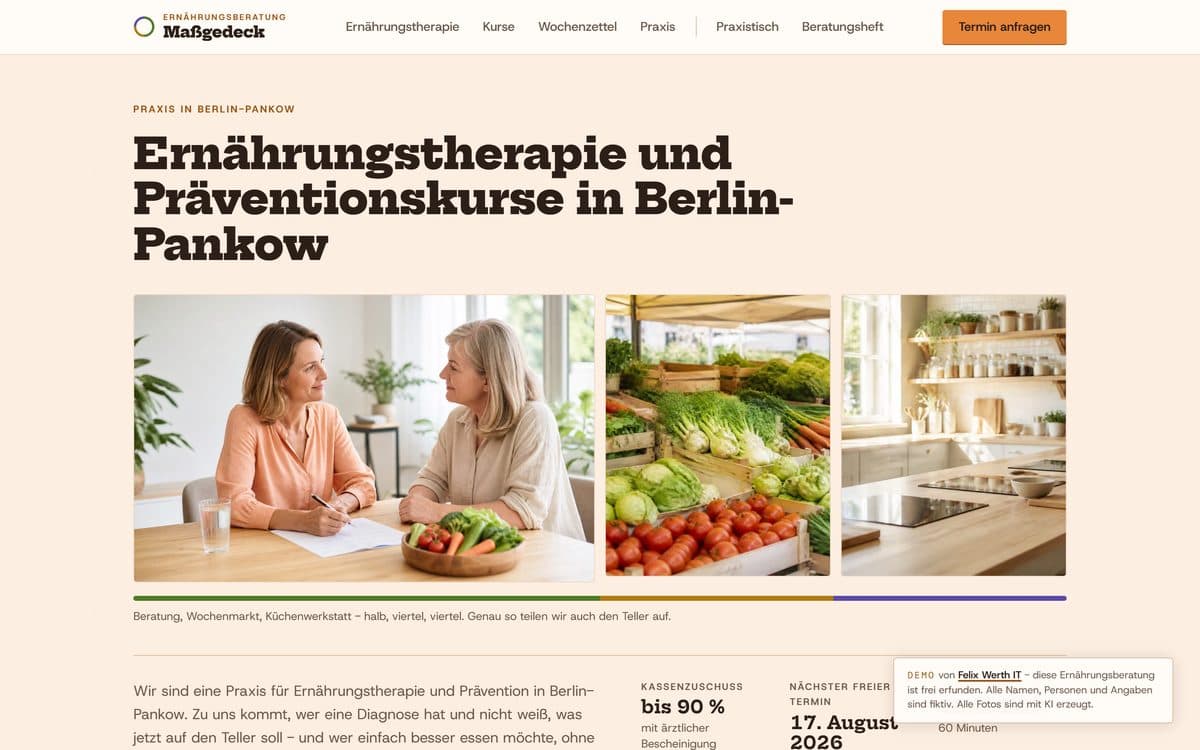 Startseite der Demo-Website für die Ernährungsberatung Maßgedeck