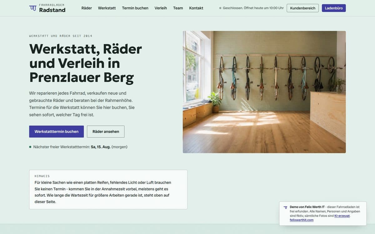 Startseite der Demo-Website für den Fahrradladen Radstand