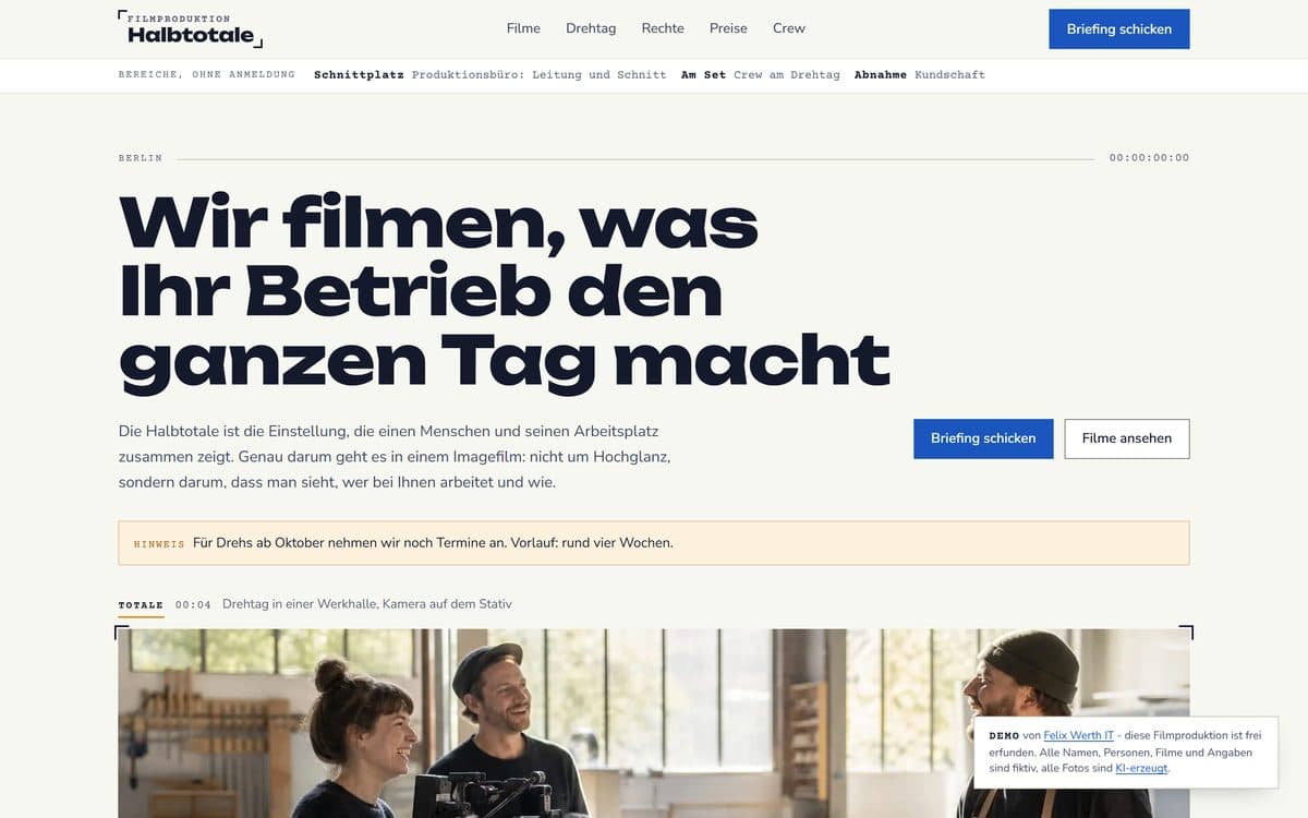 Startseite der Demo-Website für die Filmproduktion Halbtotale