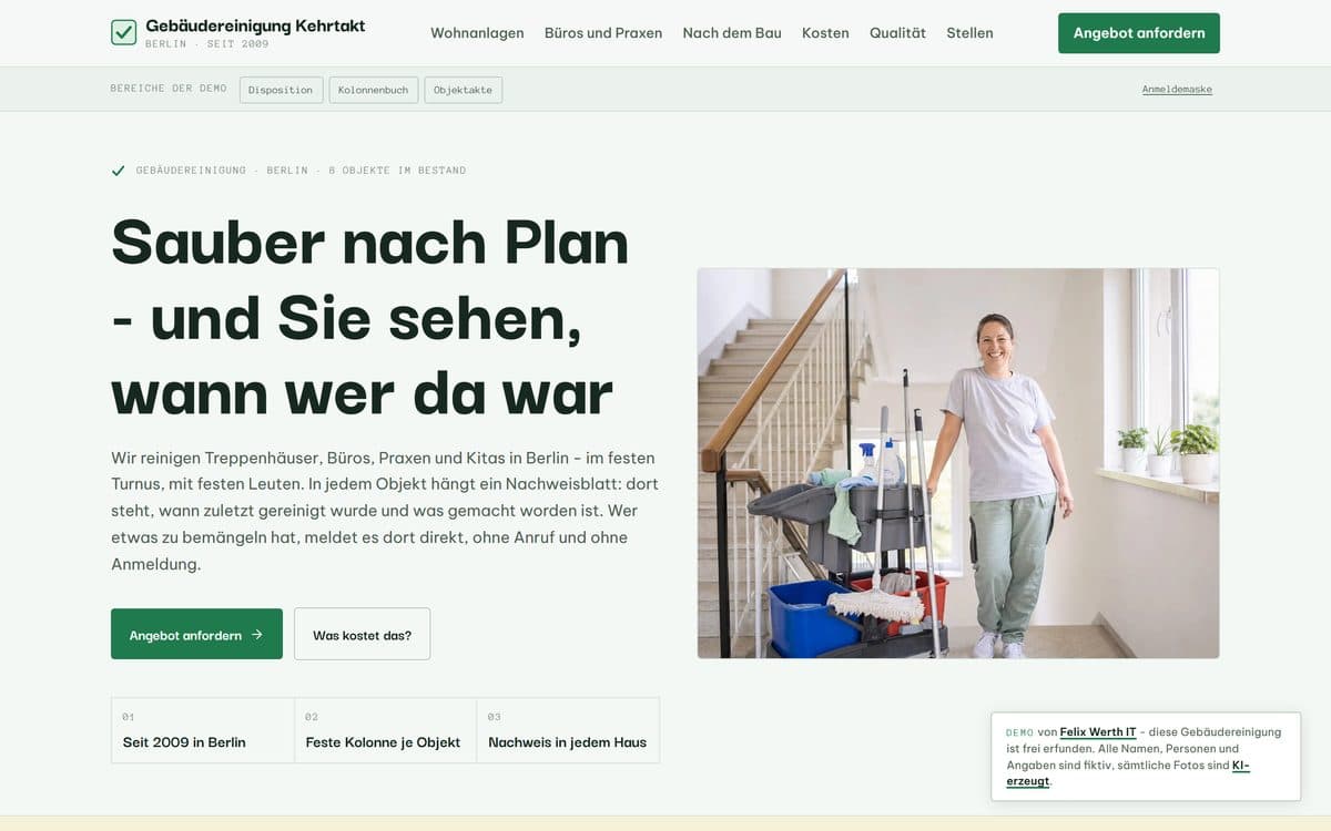 Startseite der Demo-Website für die Gebäudereinigung Kehrtakt