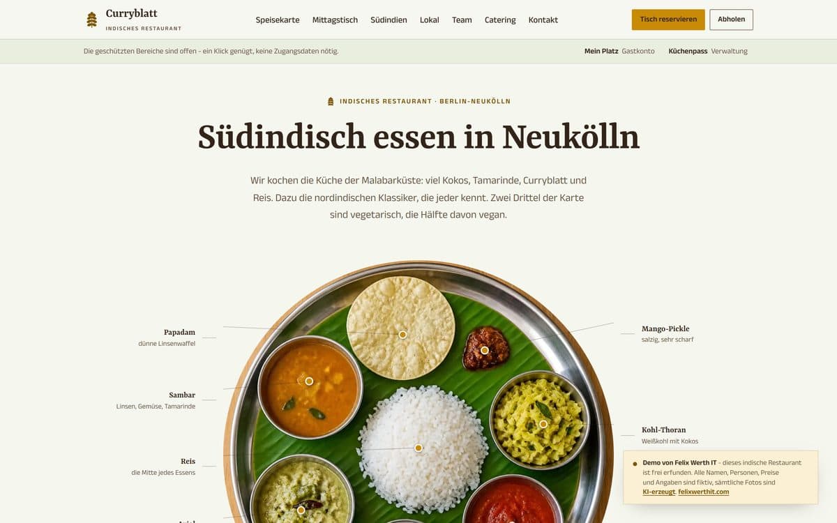 Startseite der Demo-Website für das indische Restaurant Curryblatt