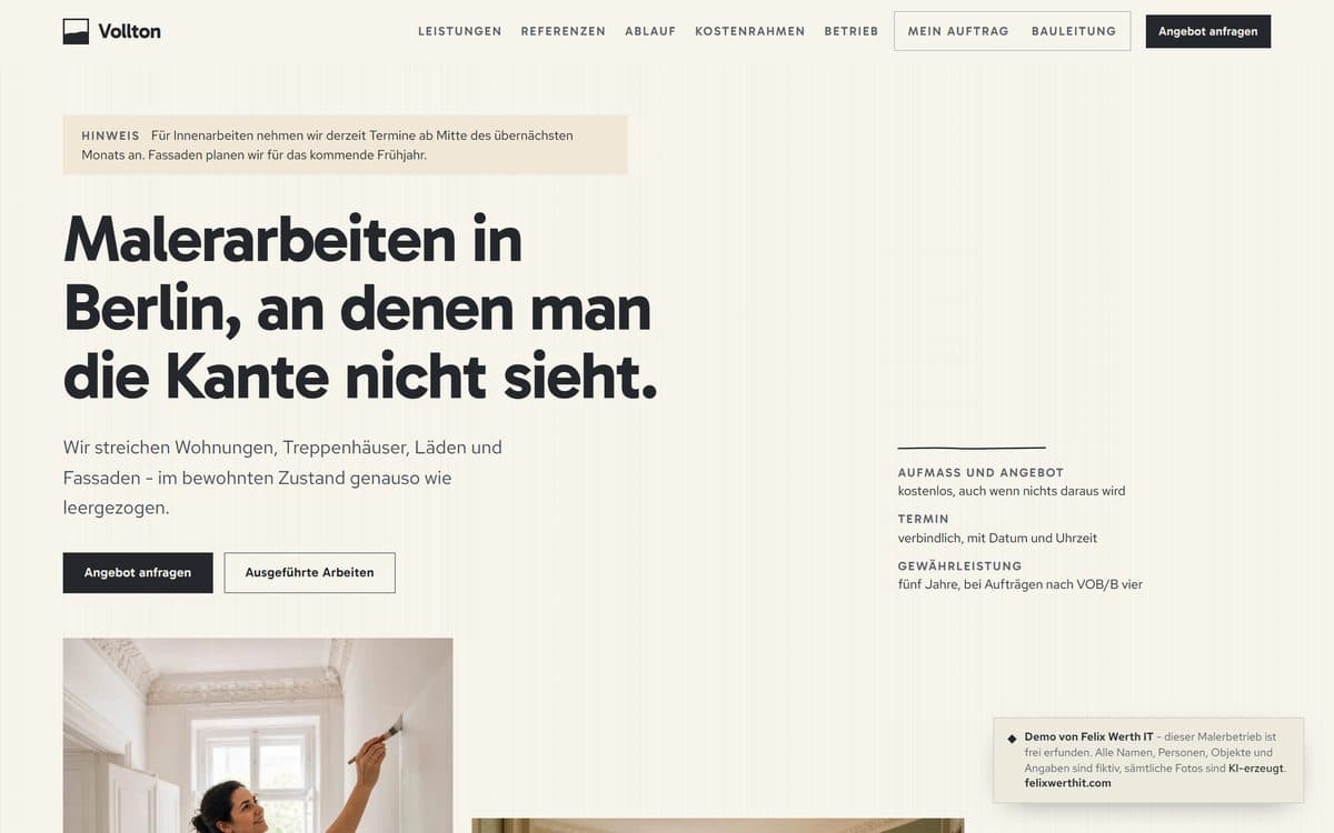 Startseite der Demo-Website für den Malerbetrieb Vollton