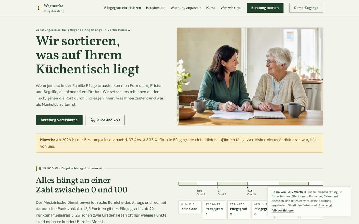 Startseite der Demo-Website für die Pflegeberatung Wegmarke