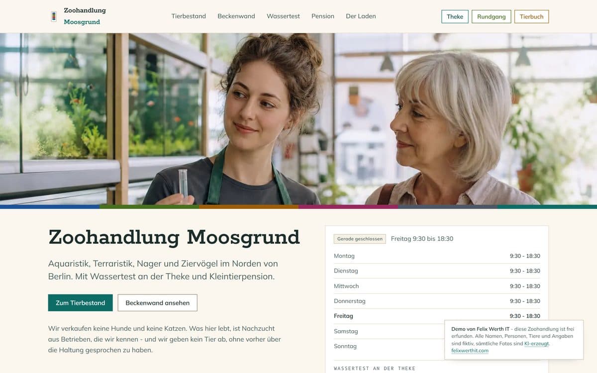 Startseite der Demo-Website für die Zoohandlung Moosgrund